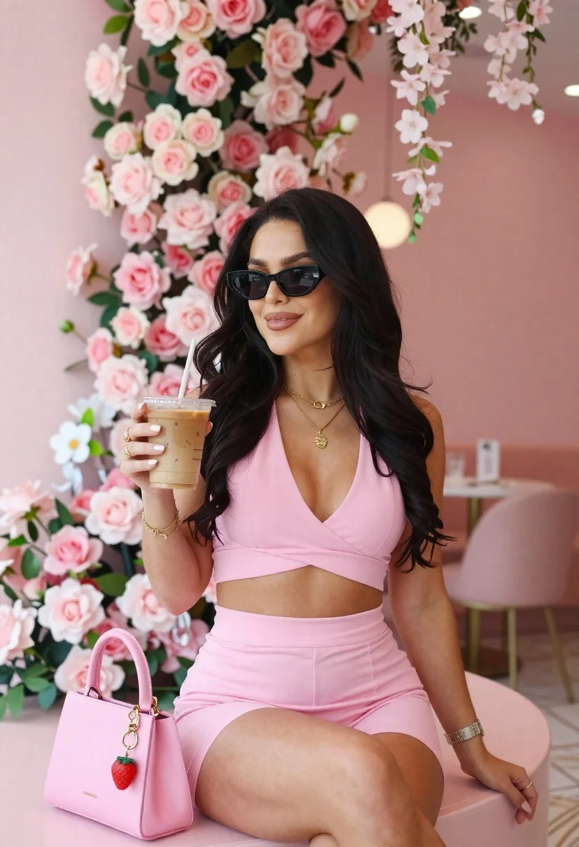 Stylish woman in pink outfit holding iced coffee at a cafe - AI generated image prompt sample