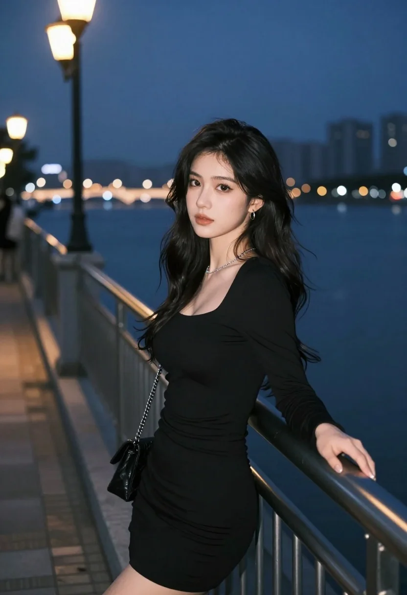 Young woman in black dress leaning on railing at waterfront promenade at - AI generated image prompt sample