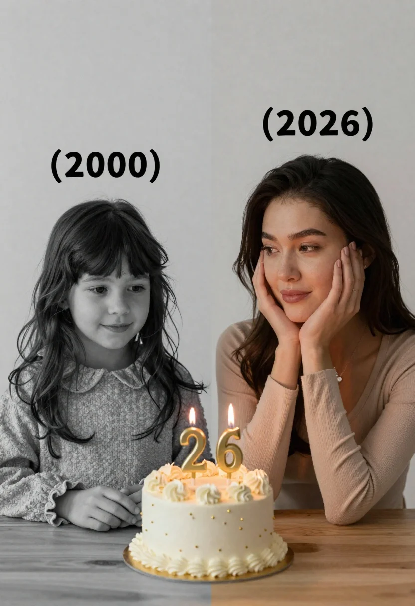 Split screen portrait of girl and woman looking at birthday cake - AI generated image prompt sample