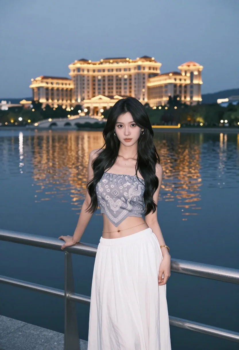 Young woman in grey top and white skirt by water at dusk - AI generated image prompt sample