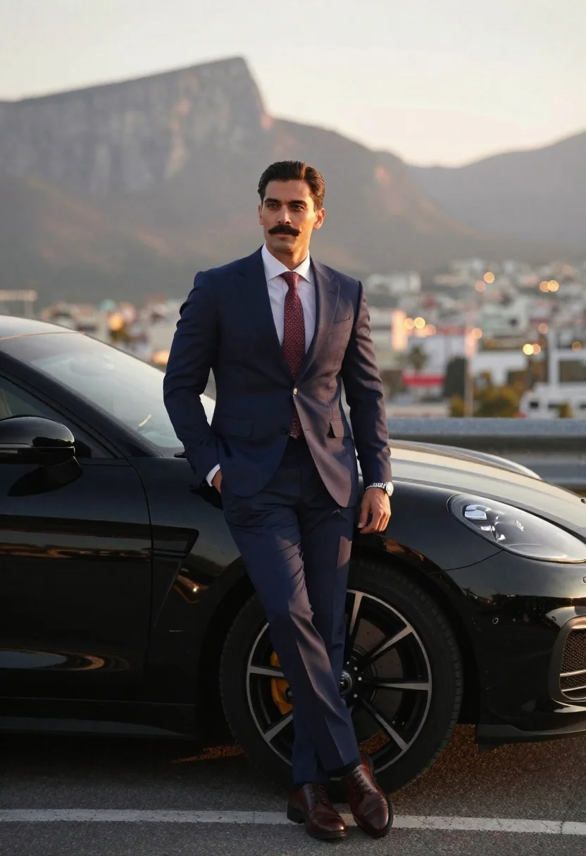 Handsome man in navy suit leaning on luxury sports car by mountains - AI generated image prompt sample