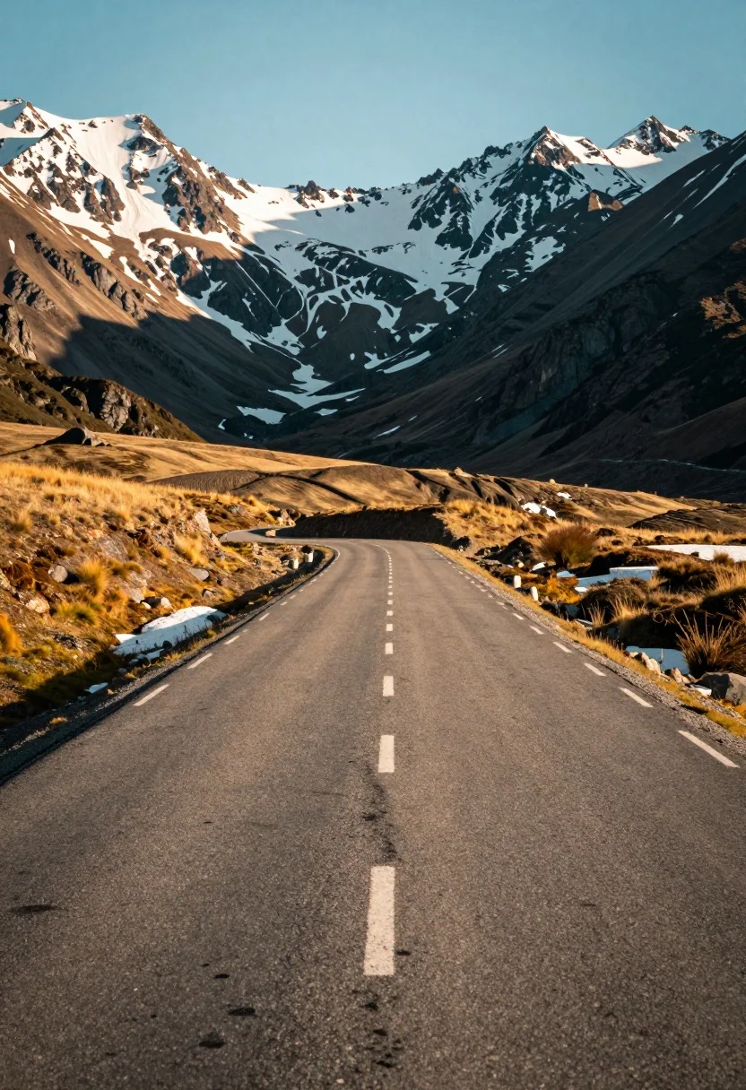 Winding asphalt road through rugged terrain beneath towering snow capped mountains - AI generated image prompt sample