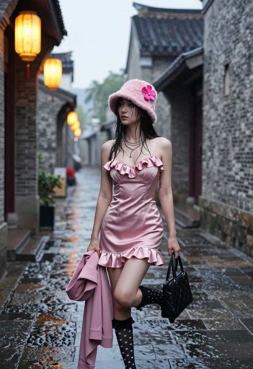 Young woman in pink satin dress in ancient chinese style alleyway - AI generated image prompt sample