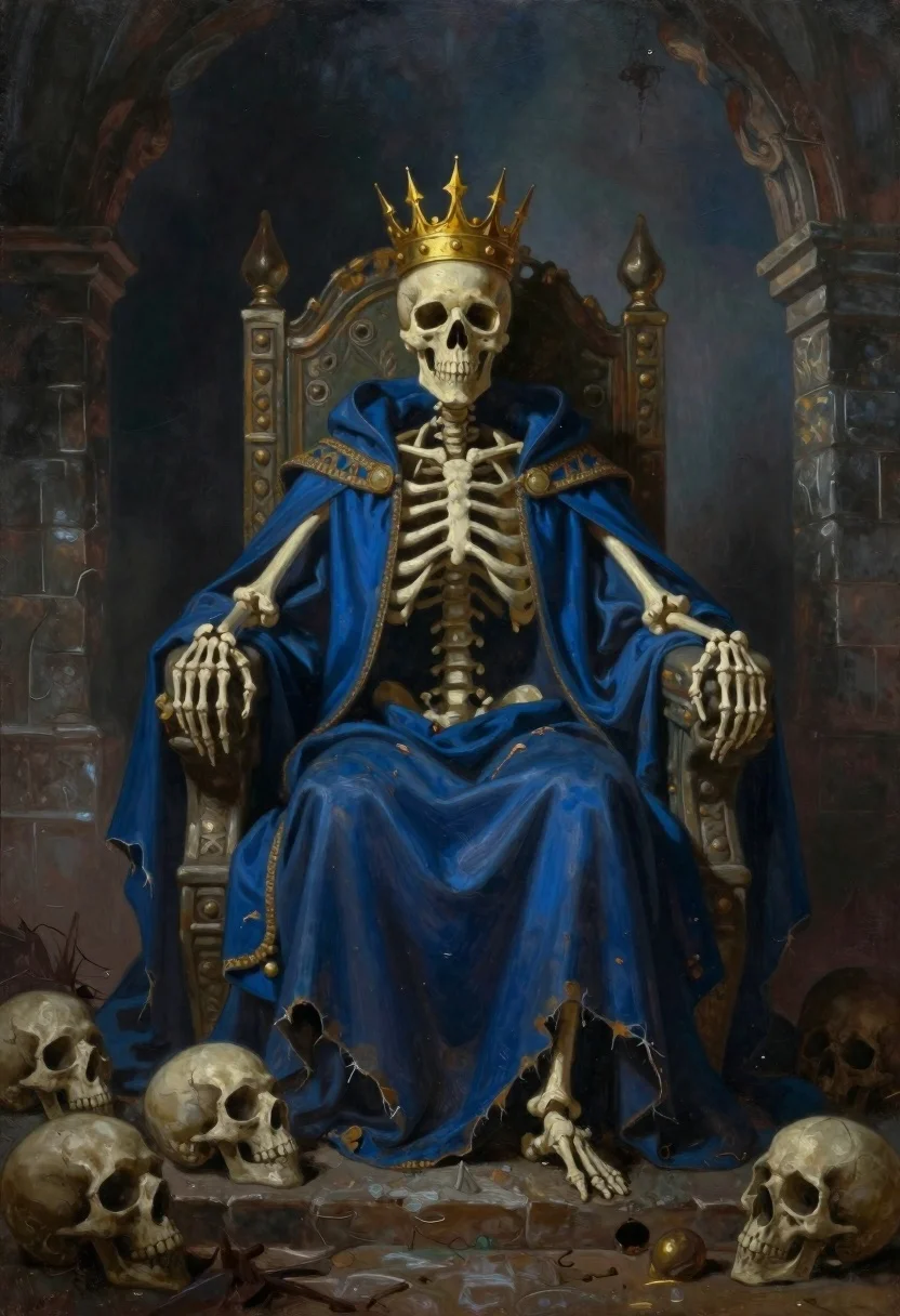 Skeletal monarch on ornate throne in dark cavern