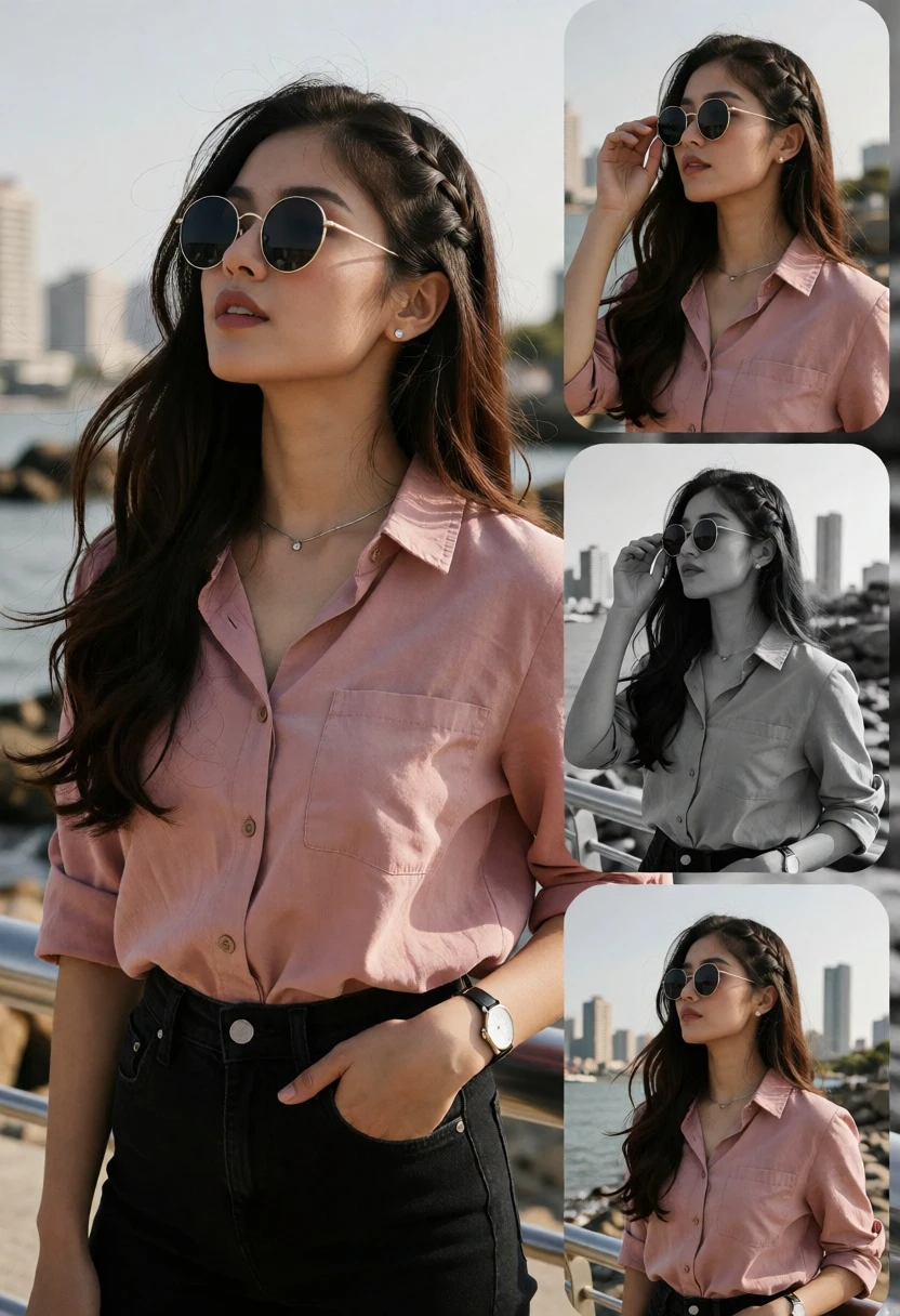 Stylish young woman in pink shirt collage blending color and monochrome tones - AI generated image prompt sample