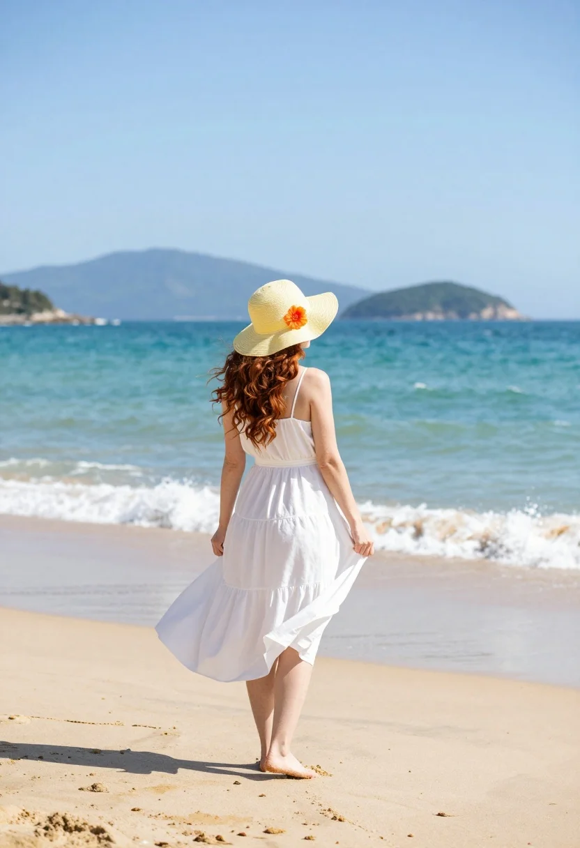 Woman in white dress on sunny beach looking at turquoise ocean waves - AI generated image prompt sample