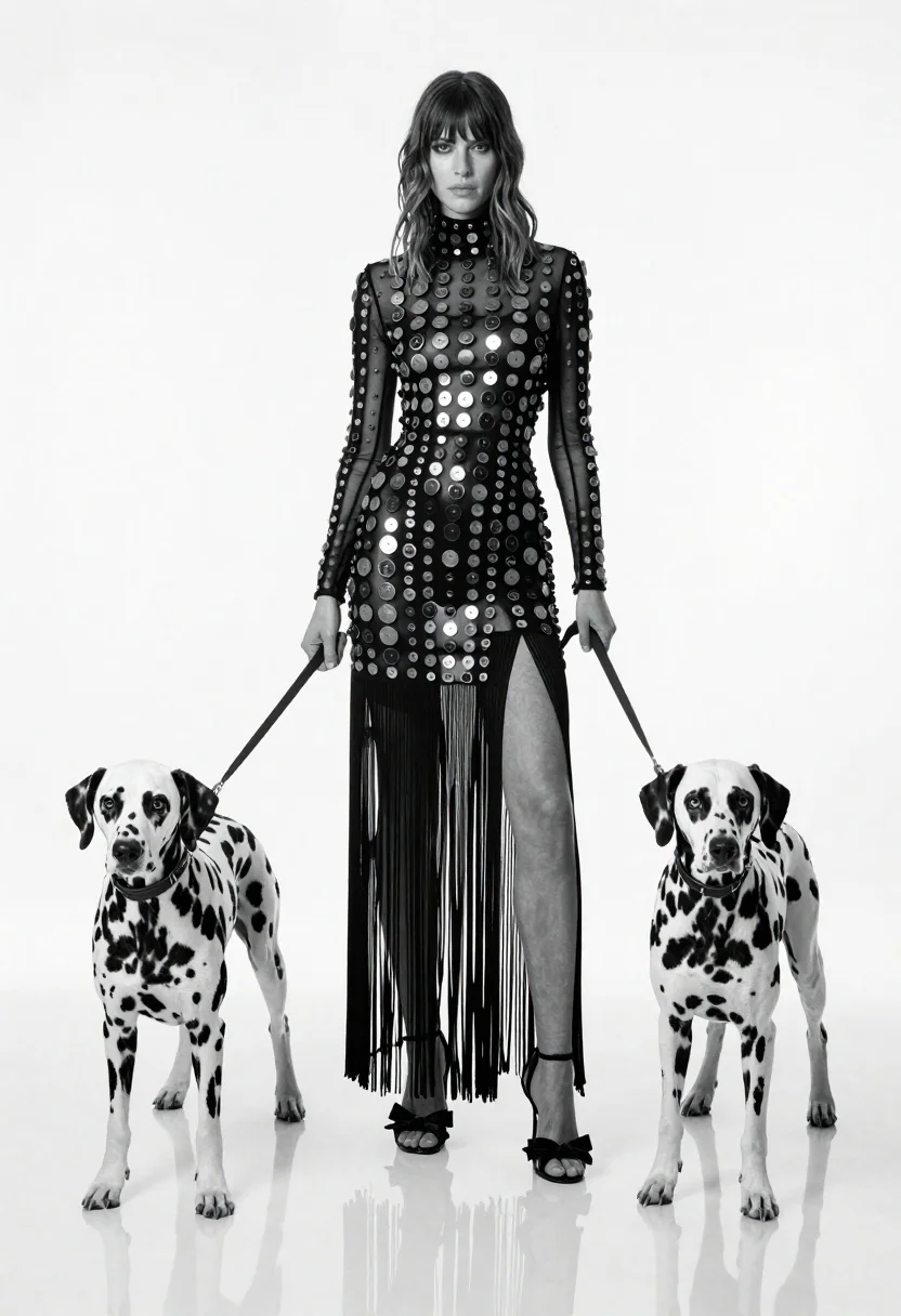 Full length black and white portrait of woman with two dalmatian dogs - AI generated image prompt sample