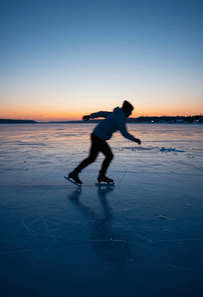 Blurred silhouette skating across vast frozen lake at dramatic twilight - AI generated image prompt sample