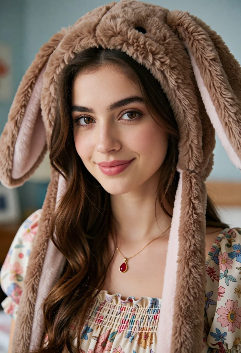 Close up portrait of young woman wearing bunny ear hood indoors - AI generated image prompt sample