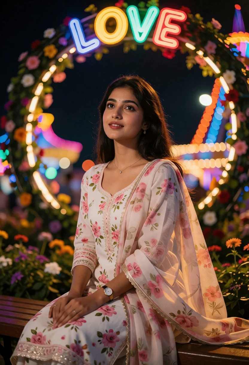 Young woman in floral traditional outfit under glowing arch at night - AI generated image prompt sample