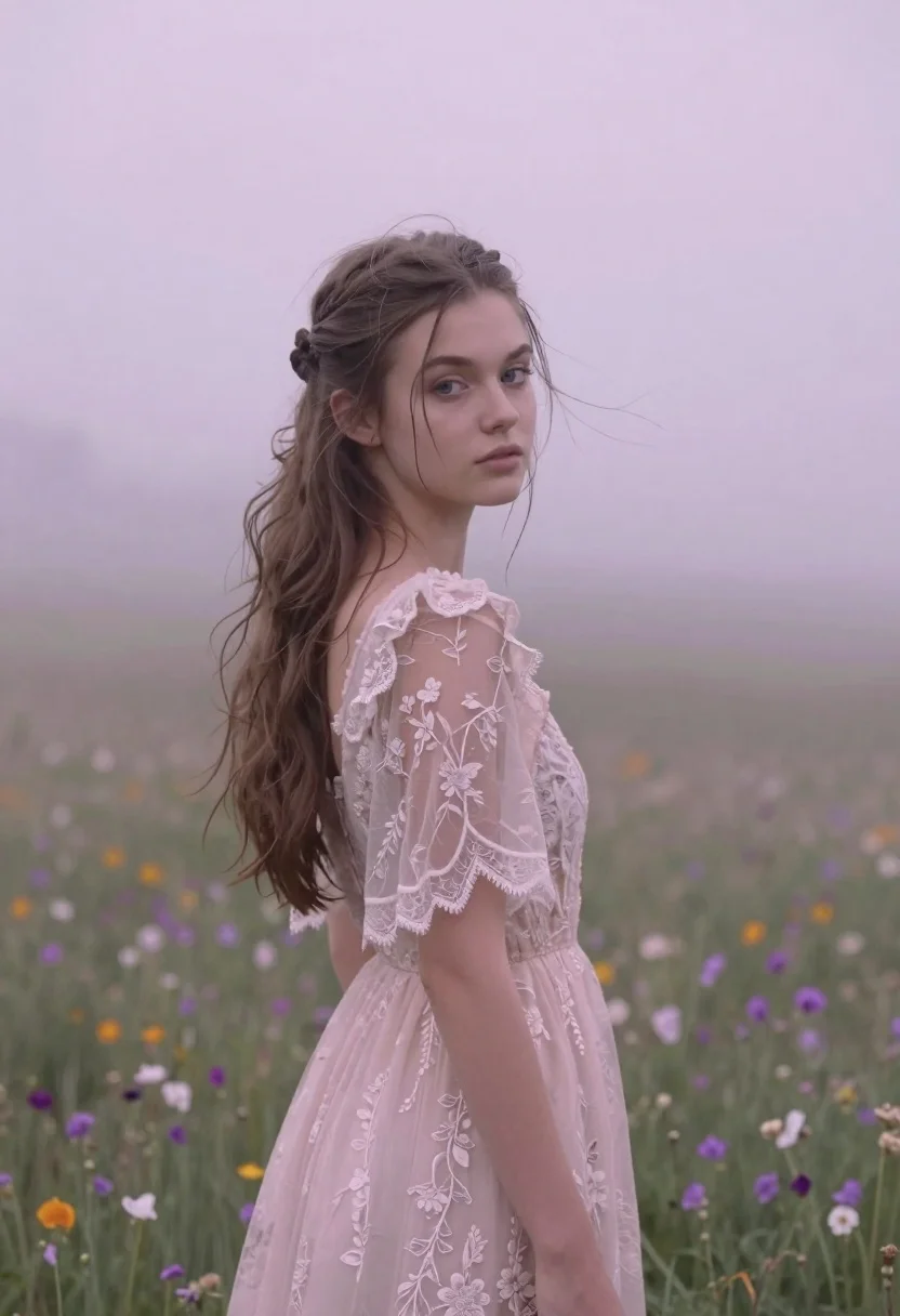 Young woman in pink lace gown standing in misty wildflower field - AI generated image prompt sample