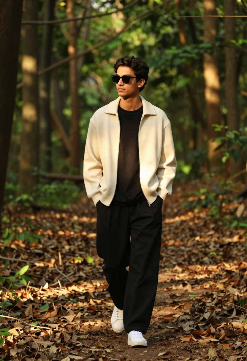 Young man walking through sun dappled forest path wearing stylish cardigan - AI generated image prompt sample
