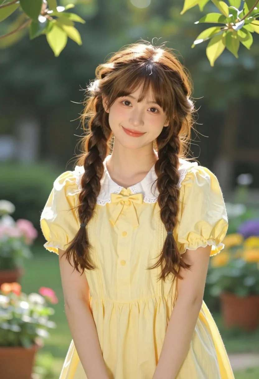 Cheerful young woman in yellow dress standing in lush garden setting - AI generated image prompt sample