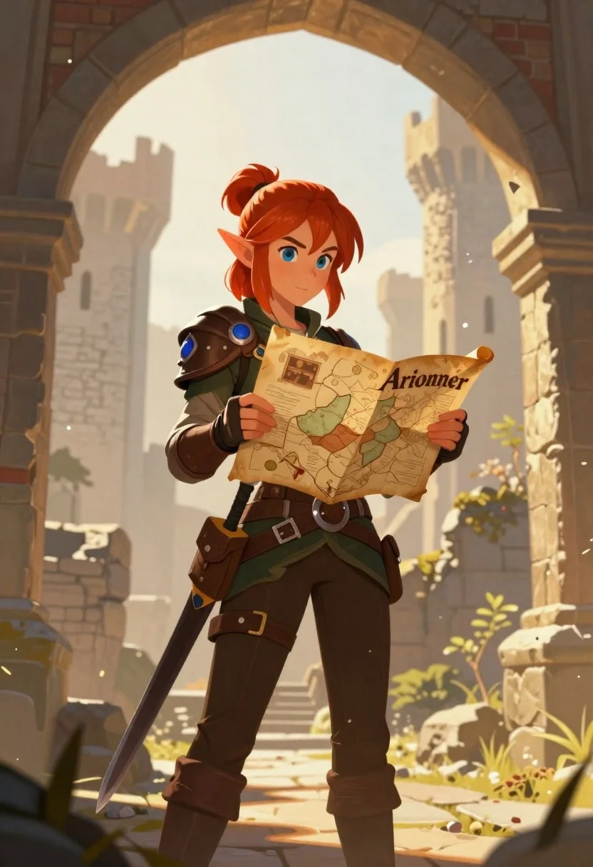 Elf woman reading map in ruined castle archway