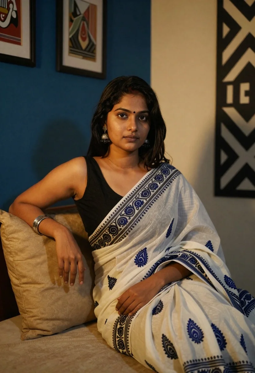 Young woman in white sari seated on bed in dimly lit bedroom