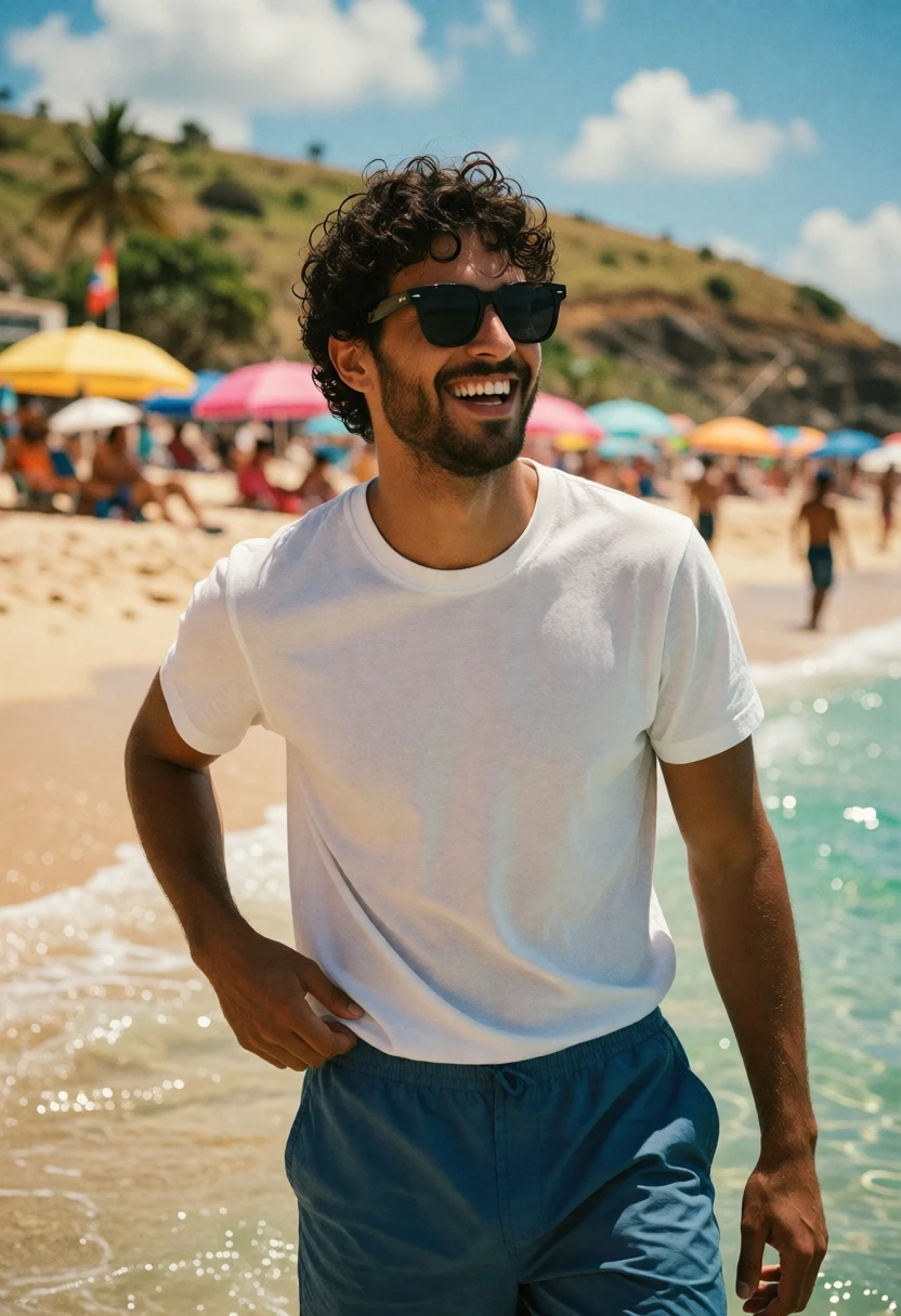 Smiling man in white tshirt standing in shallow turquoise beach water - AI generated image prompt sample
