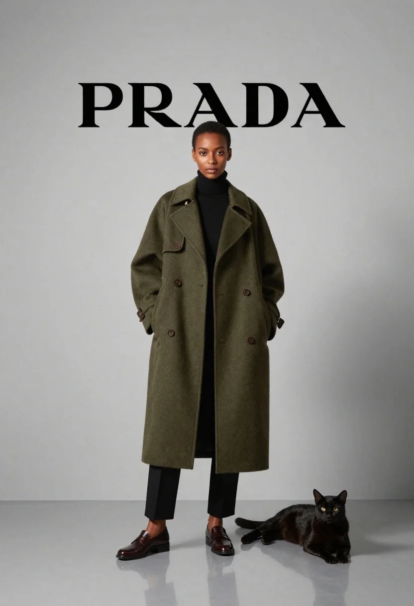 Black woman in olive coat with cat in studio - AI generated image prompt sample