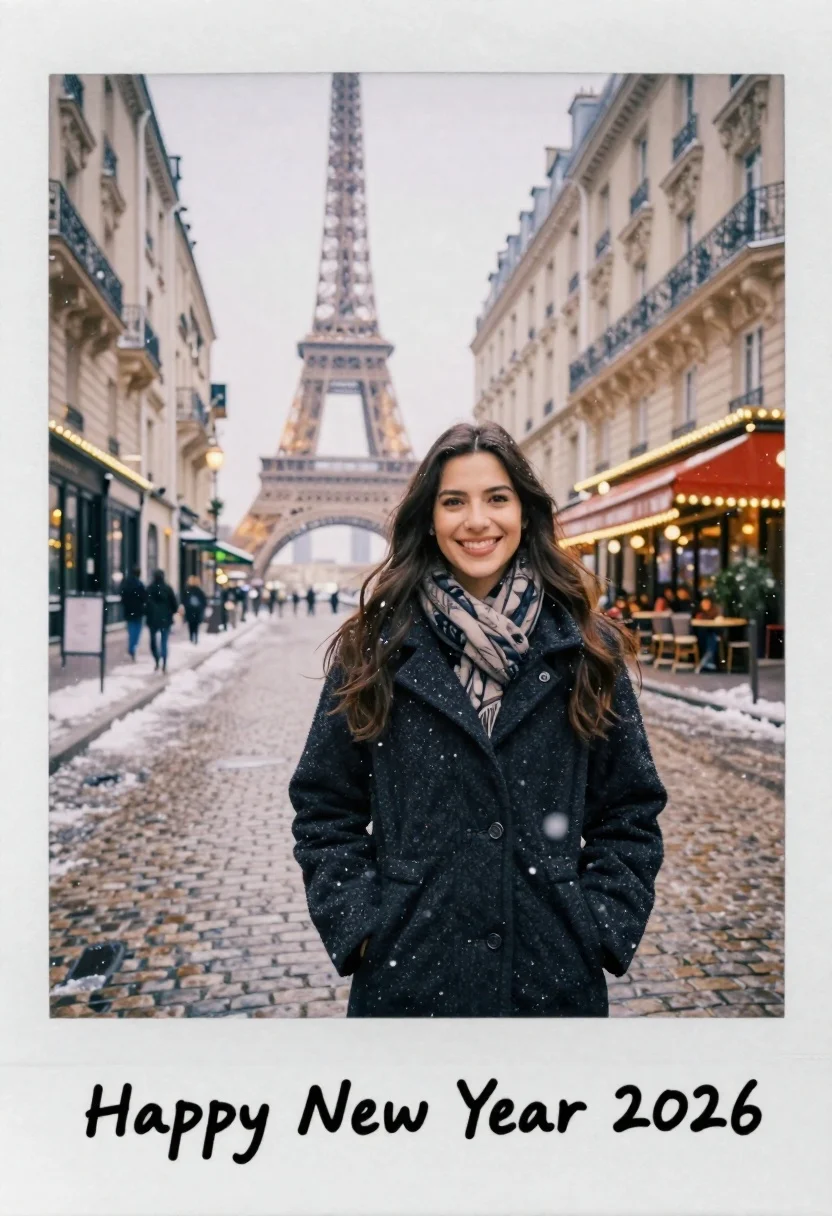 Smiling woman in winter coat on snowy parisian street near eiffel tower - AI generated image prompt sample