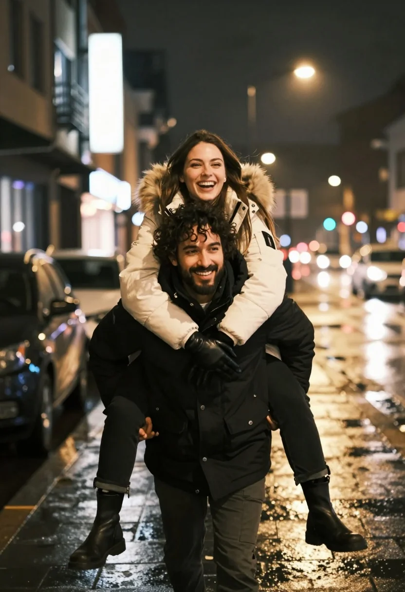 Joyful couple on piggyback ride down wet city street at night - AI generated image prompt sample
