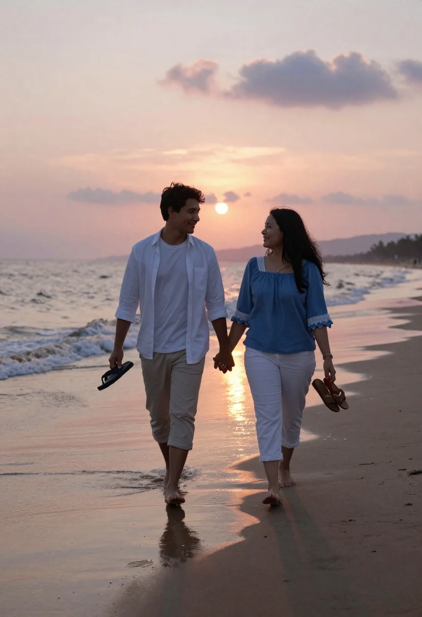 Couple walking hand in hand on a wet beach at sunset - AI generated image prompt sample