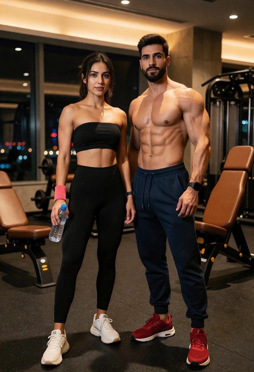 Fit couple posing together in a modern gym after intense workout session - AI generated image prompt sample