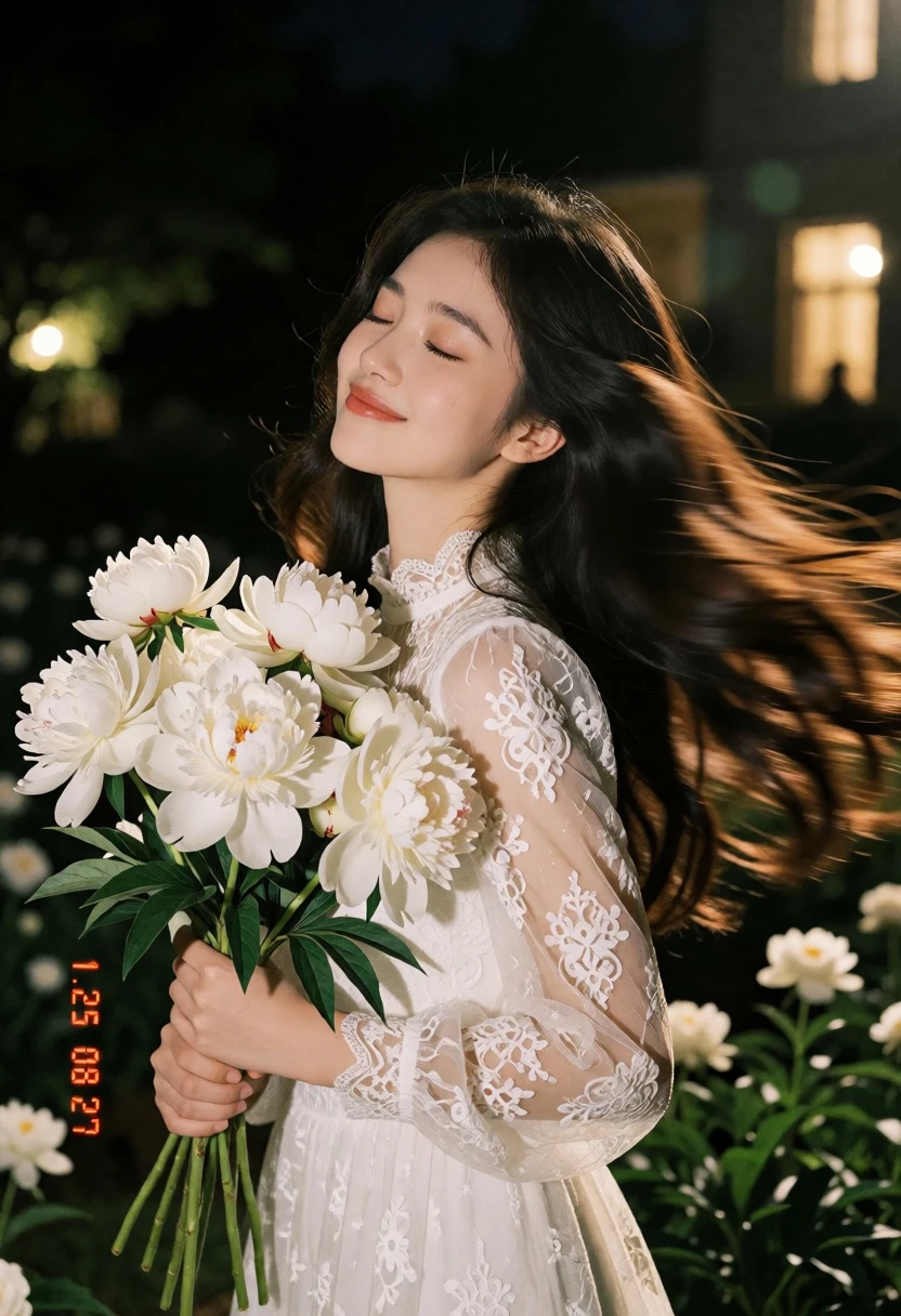 Young woman in lace dress holding peonies in a garden at night - AI generated image prompt sample