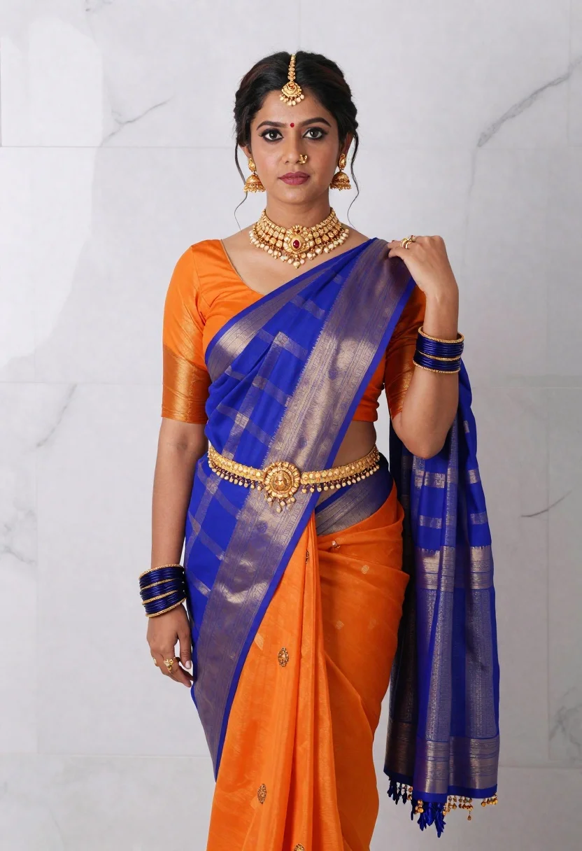 Woman in vibrant traditional indian saree against white marble backdrop