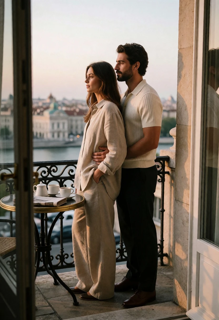 Couple on balcony overlooking european cityscape at soft dawn light - AI generated image prompt sample