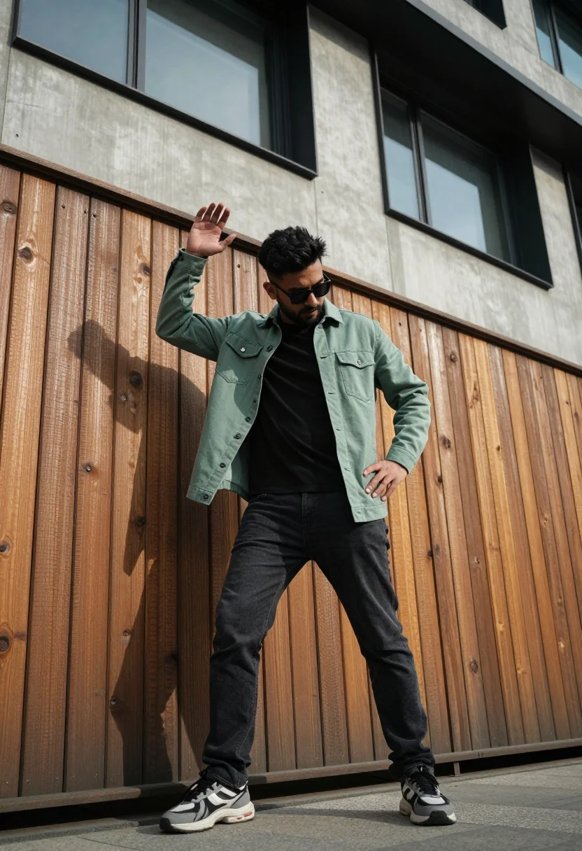 Man in light green jacket posing by wooden fence and modern building - AI generated image prompt sample