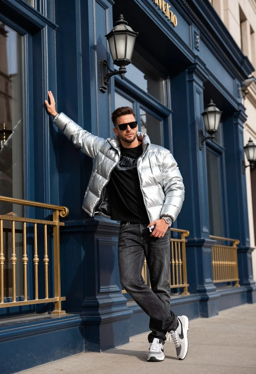 Stylish man leaning against ornate dark blue architecture on an urban street - AI generated image prompt sample