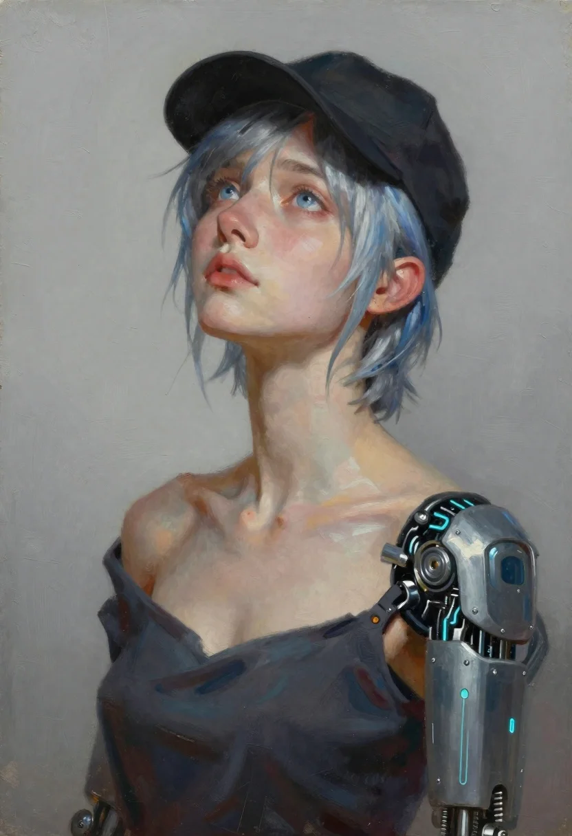 Oil painting portrait of woman with cybernetic arm - AI generated image prompt sample