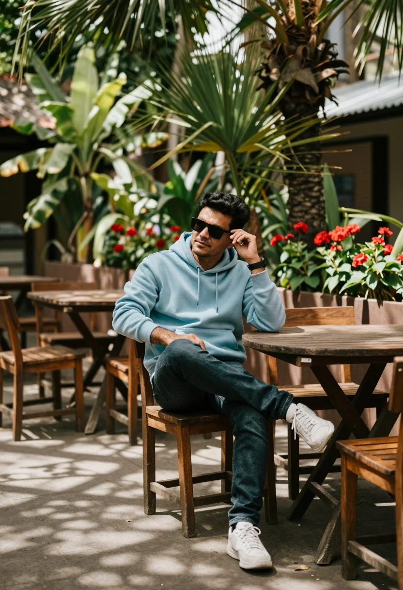 Man in blue hoodie sitting at wooden table in lush garden setting - AI generated image prompt sample