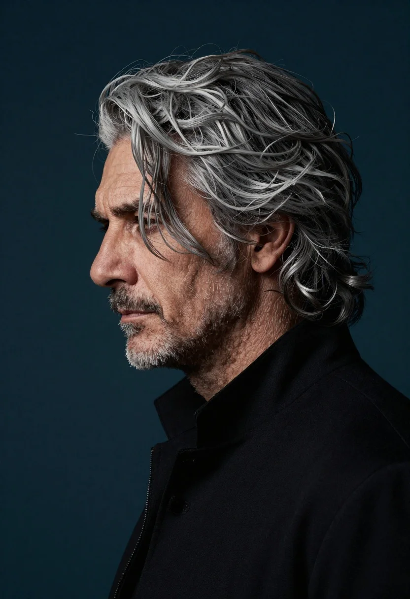 Profile portrait of mature man with gray hair - AI generated image prompt sample