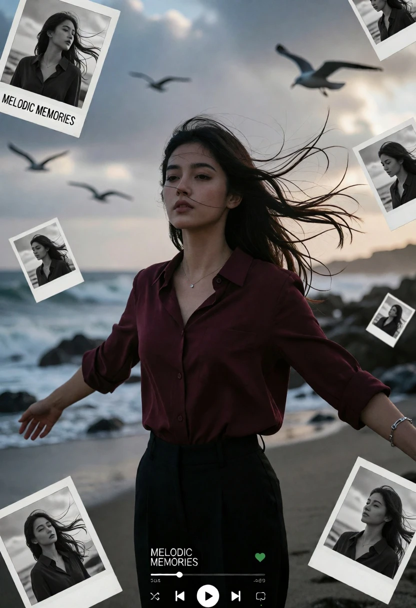 Young woman on rocky beach surrounded by floating polaroid memories - AI generated image prompt sample