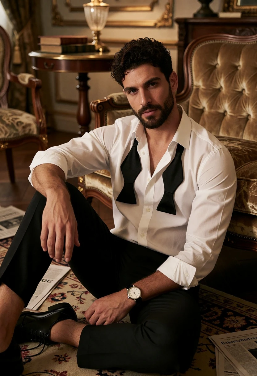 Handsome man with dark curly hair sitting in an elegant room setting - AI generated image prompt sample