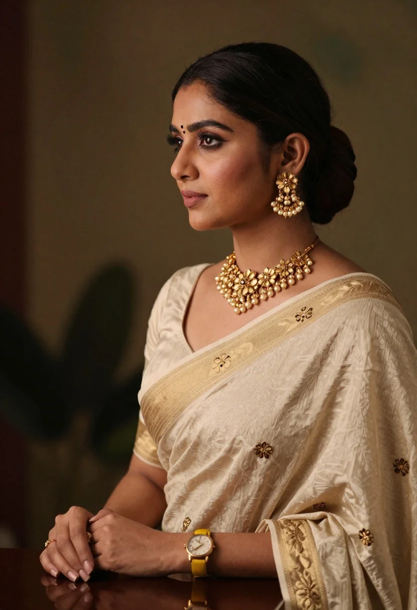 Profile portrait of woman in cream saree with gold jewelry