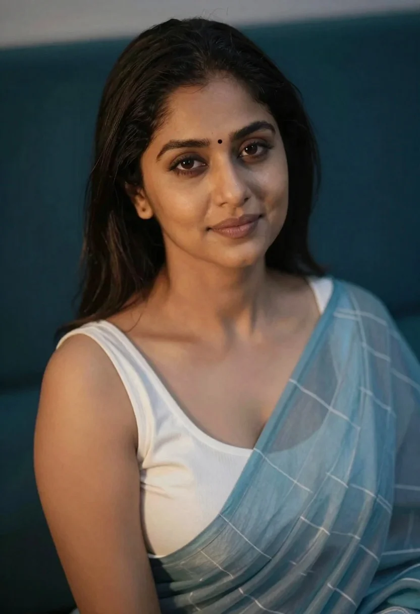 Close up portrait of woman in blue sari against dark teal background