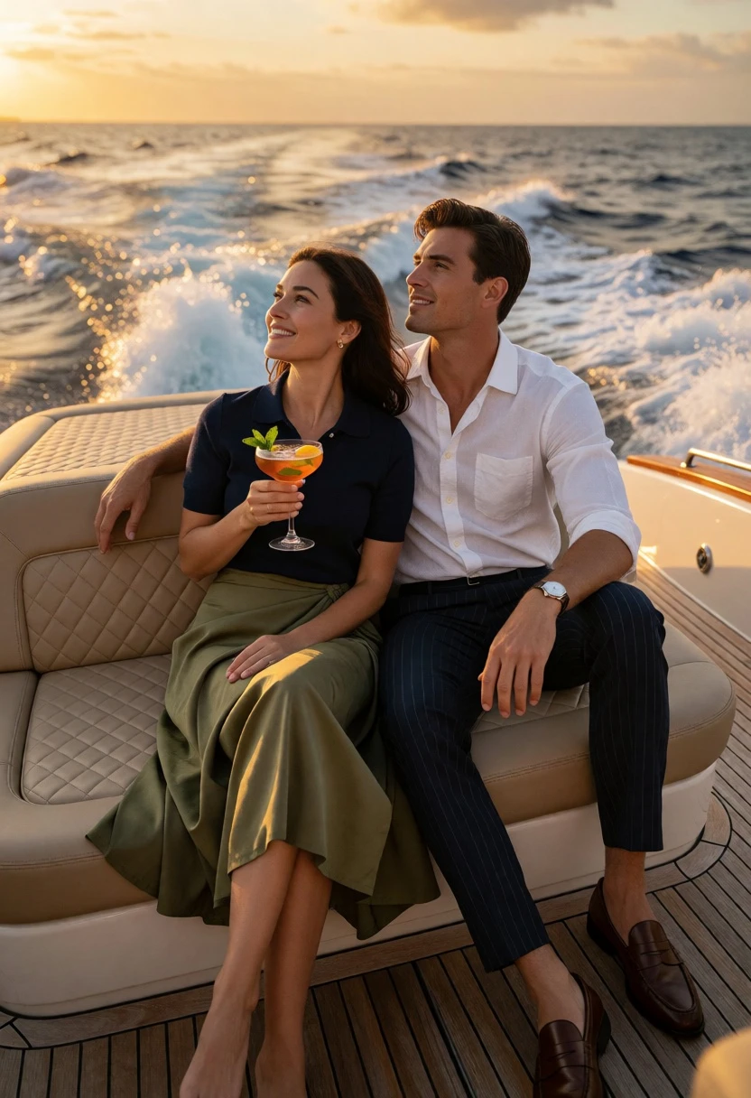 Couple on yacht sunpad watching sunset over ocean wake at golden hour - AI generated image prompt sample