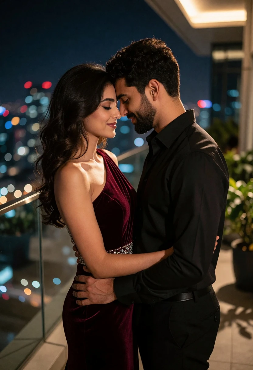 Romantic couple embracing on a highrise balcony overlooking twinkling city lights - AI generated image prompt sample