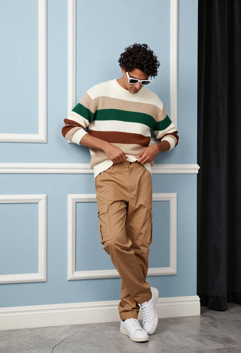 Man posing casually against light blue paneled wall with dark curtains - AI generated image prompt sample