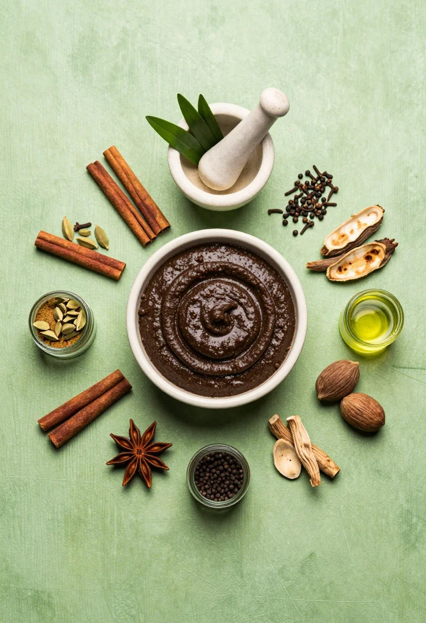 Flat lay arrangement of ayurvedic ingredients on a textured green surface - AI generated image prompt sample