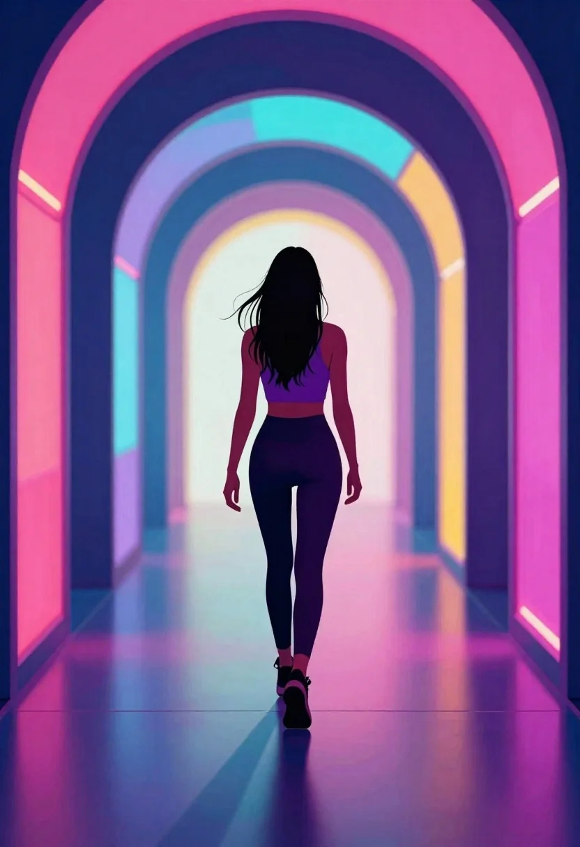 Woman walking through a vibrant neon futuristic tunnel