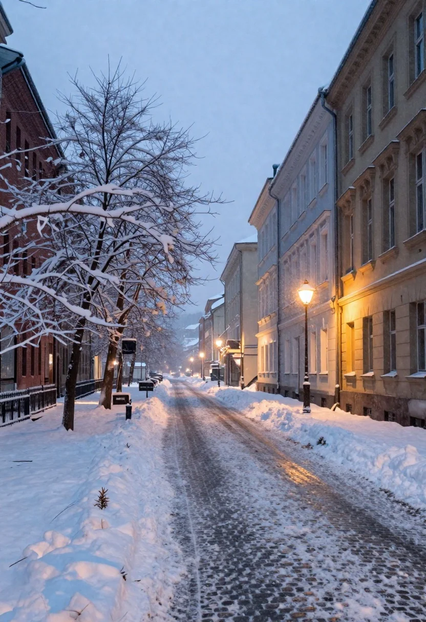 Snow covered european city street at dusk