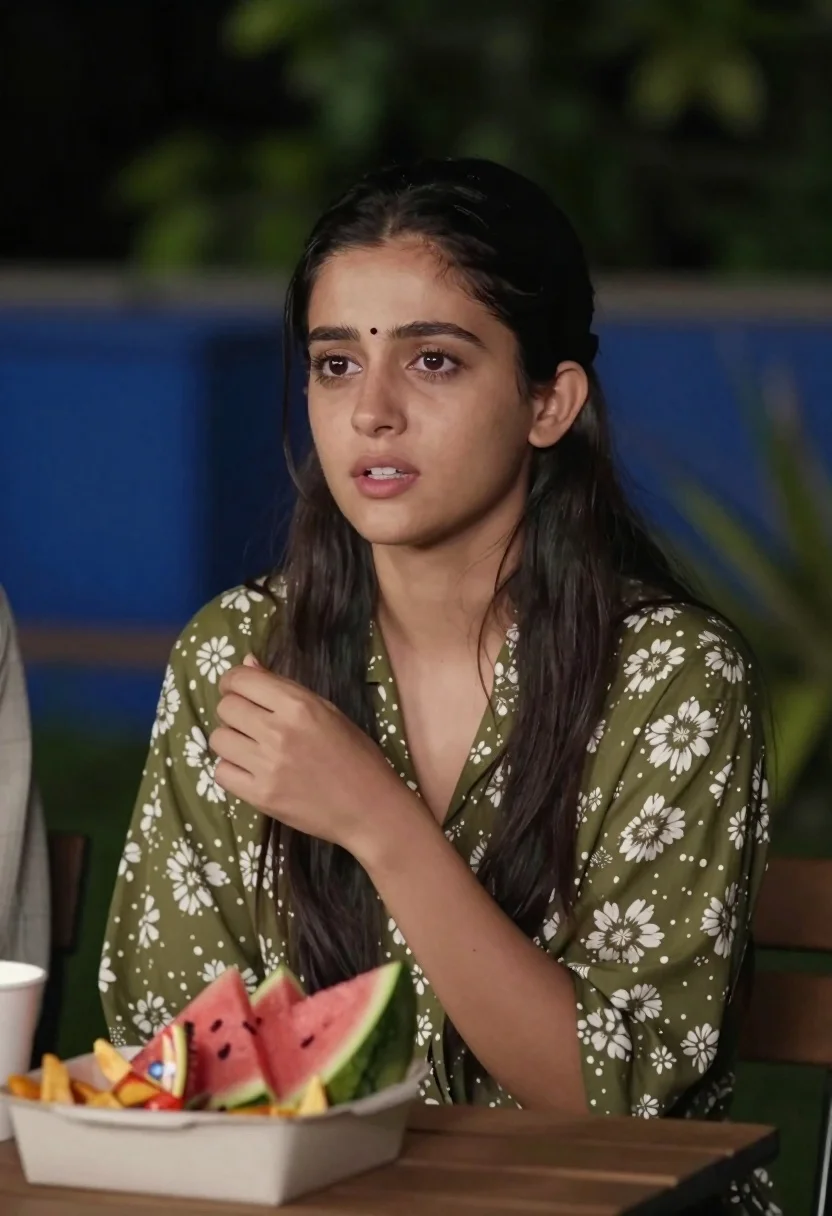 Young woman with bindi at wooden table outdoors at night
