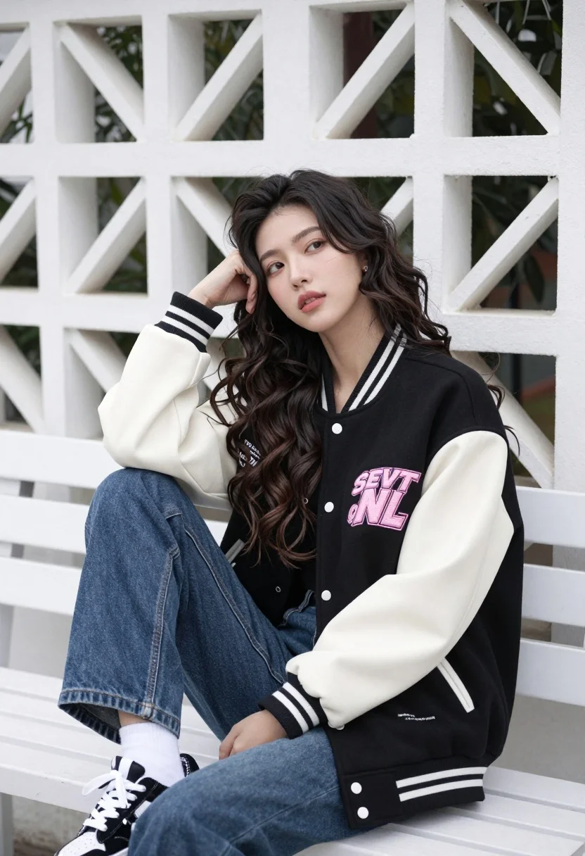 Young woman in varsity jacket sitting on bench against geometric lattice wall - AI generated image prompt sample