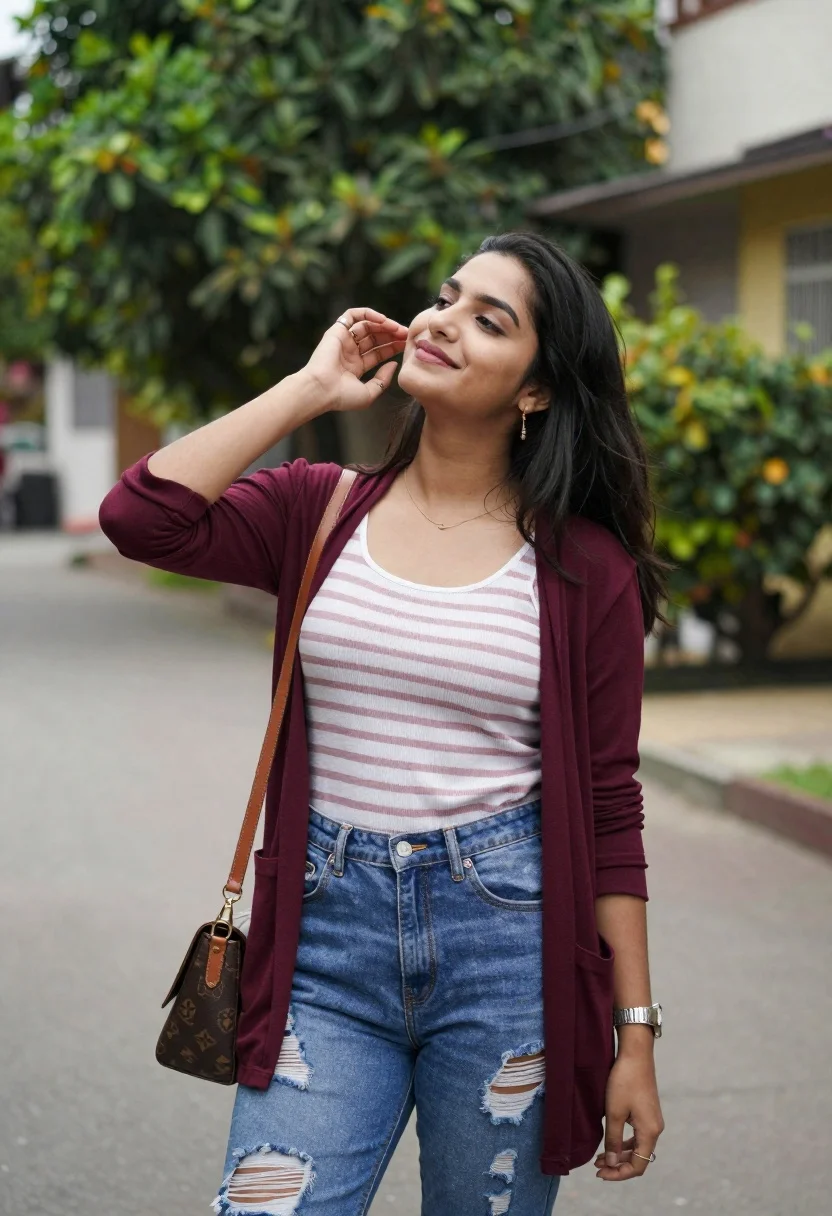 Young woman outdoors smiling with dark hair wearing denim jeans