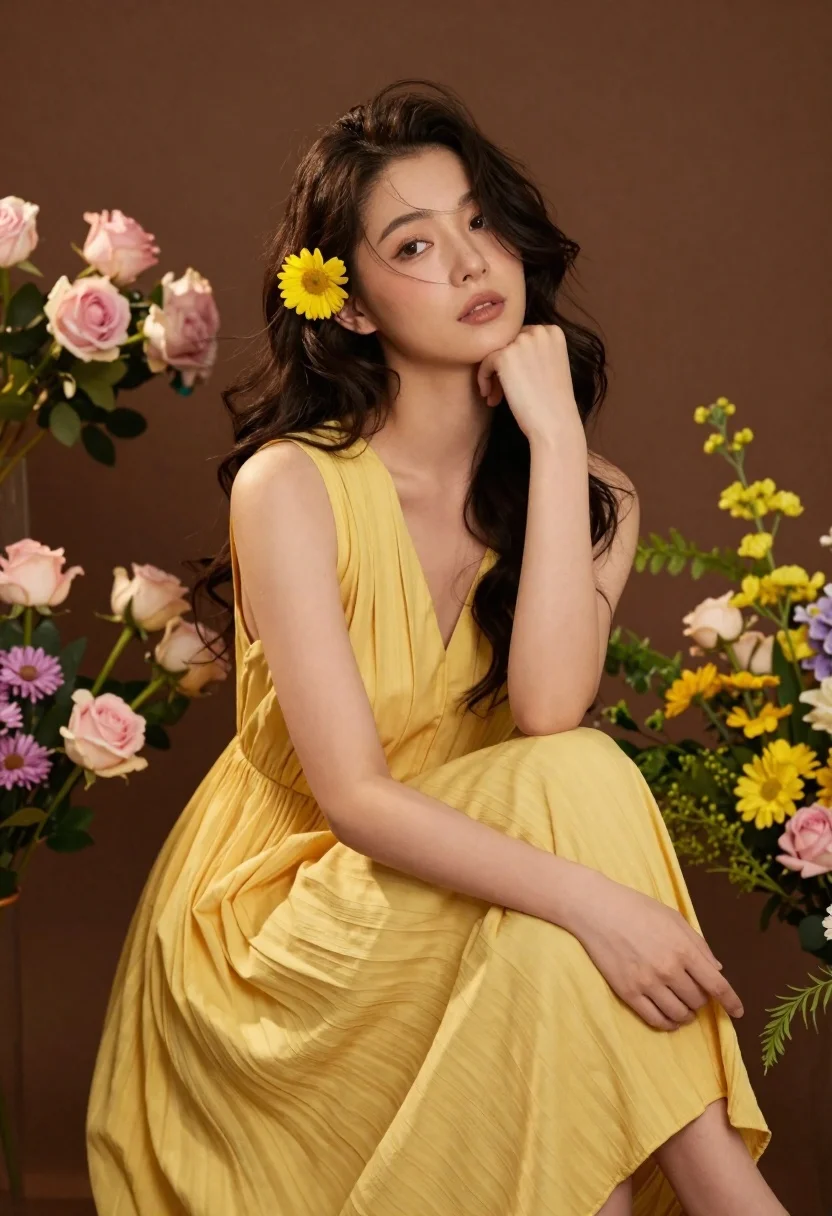 Young woman in yellow dress surrounded by pink roses and green foliage