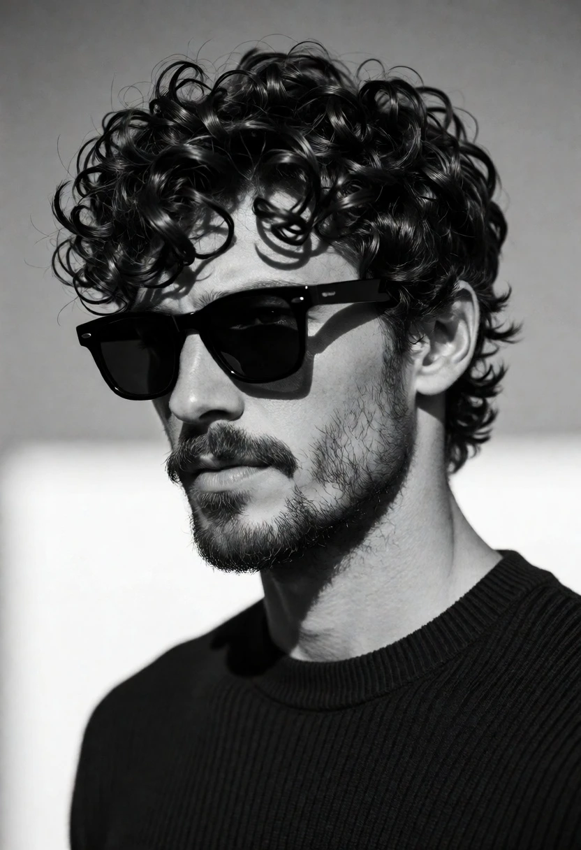 Black and white closeup portrait of man with dark curly hair - AI generated image prompt sample