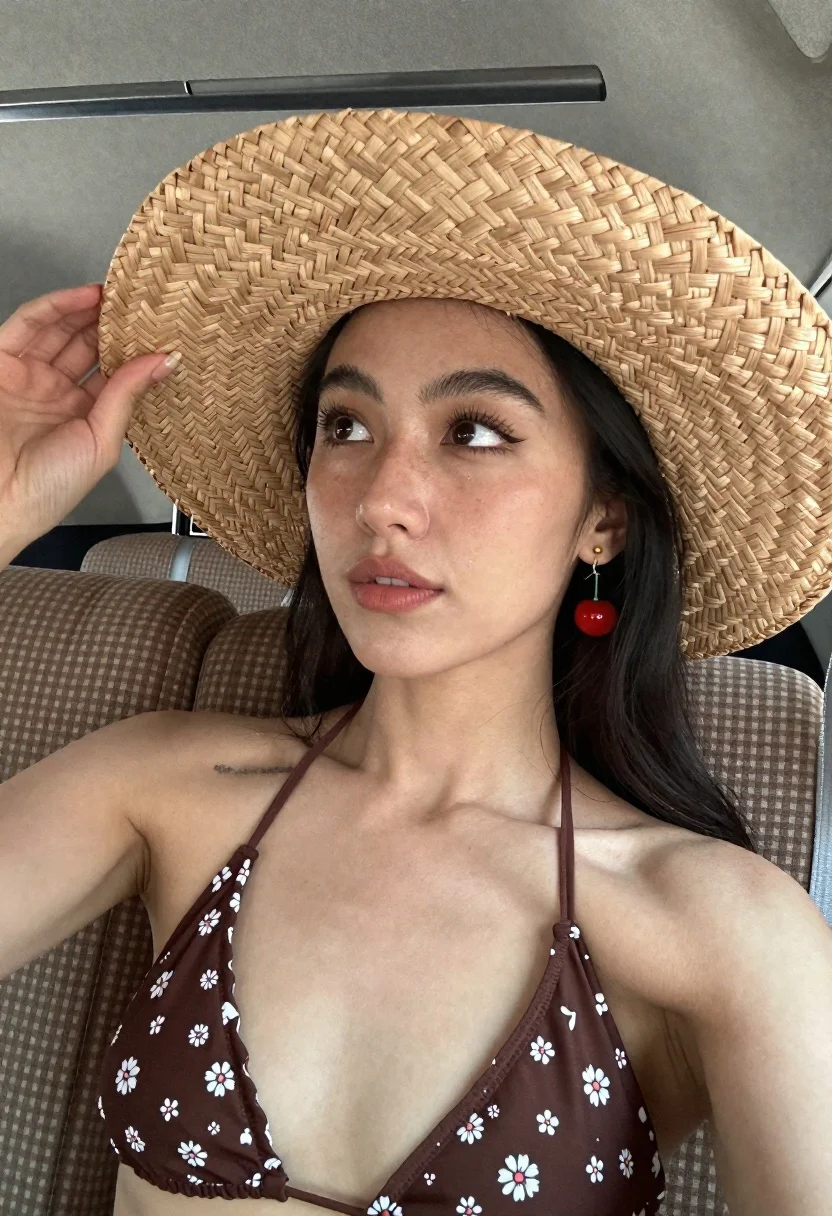Close up selfie of woman in straw hat inside vehicle interior