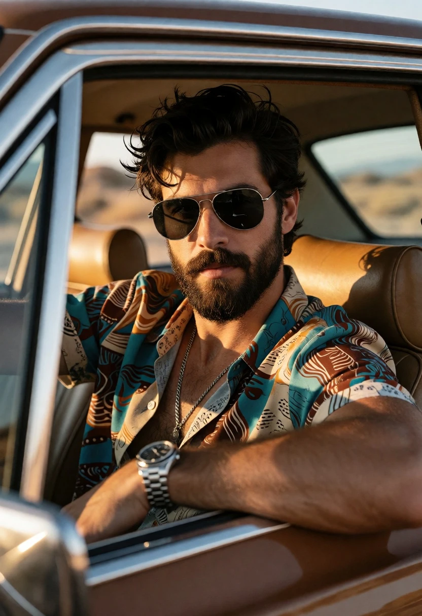 Man in vintage car interior wearing patterned shirt at golden hour - AI generated image prompt sample